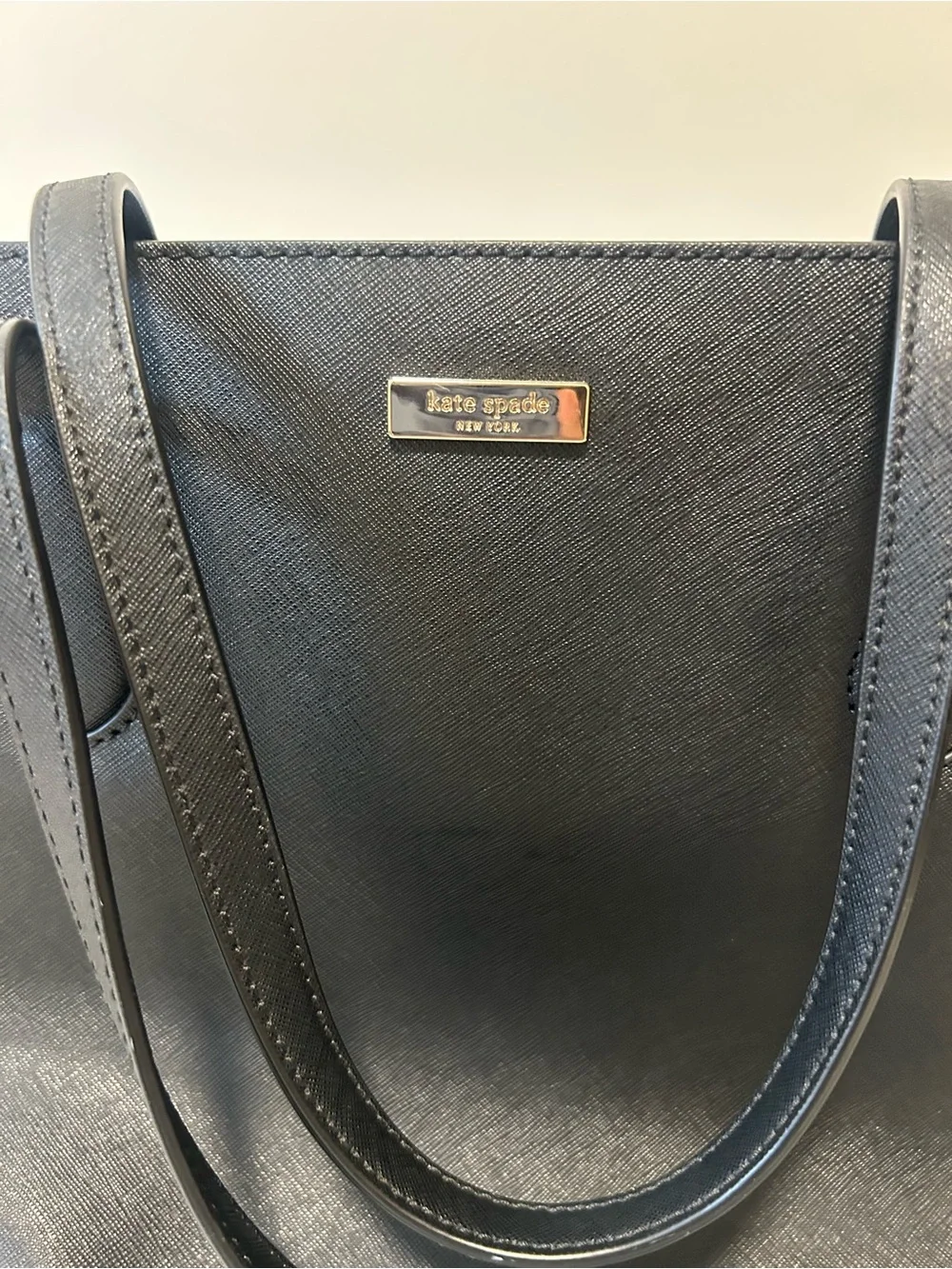 kate spade Black Leather Laptop Tote with Gold Logo Plate